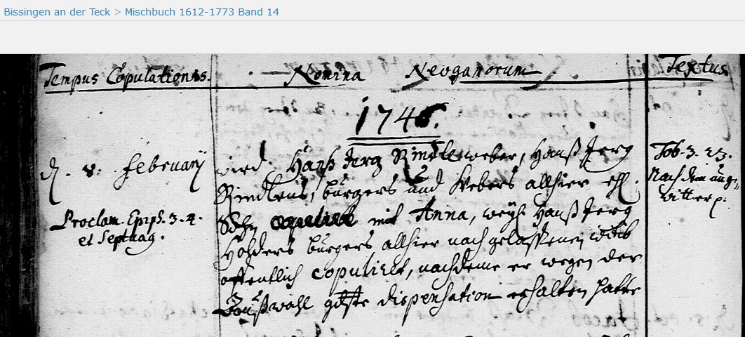 Heirat Hans Jerg Rindle Anna Appenzeller 8 Feb 1746 Bissingen