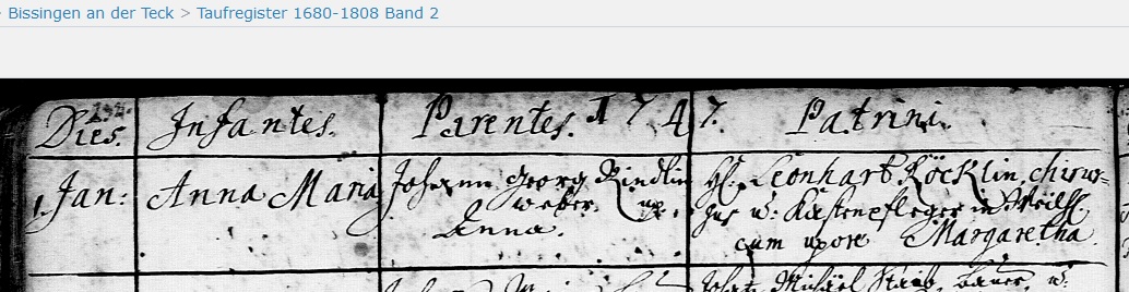 Geburt Anna Maria Rindlin 1 Jan 1747 Bissingen evangelisch